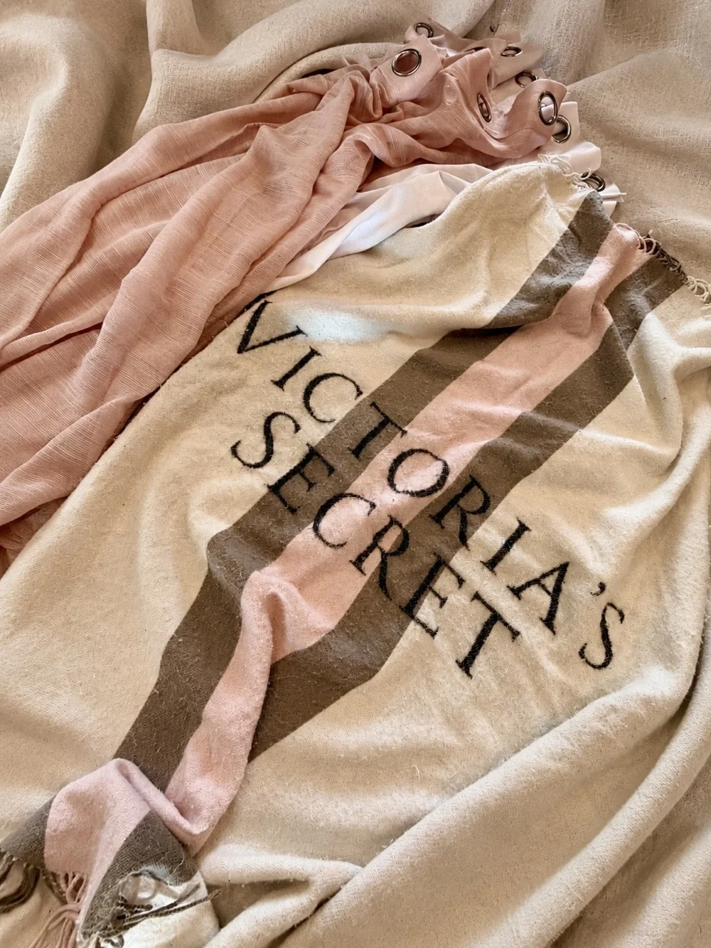 Coquette Blush Linen & White Grommet Curtain Set 62” + Victoria’s Secret Throw